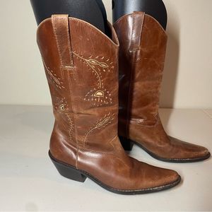 Matisse Women's 7 M Brown Leather Floral Turquoise Cut-Out Cowgirl Boots Brazil